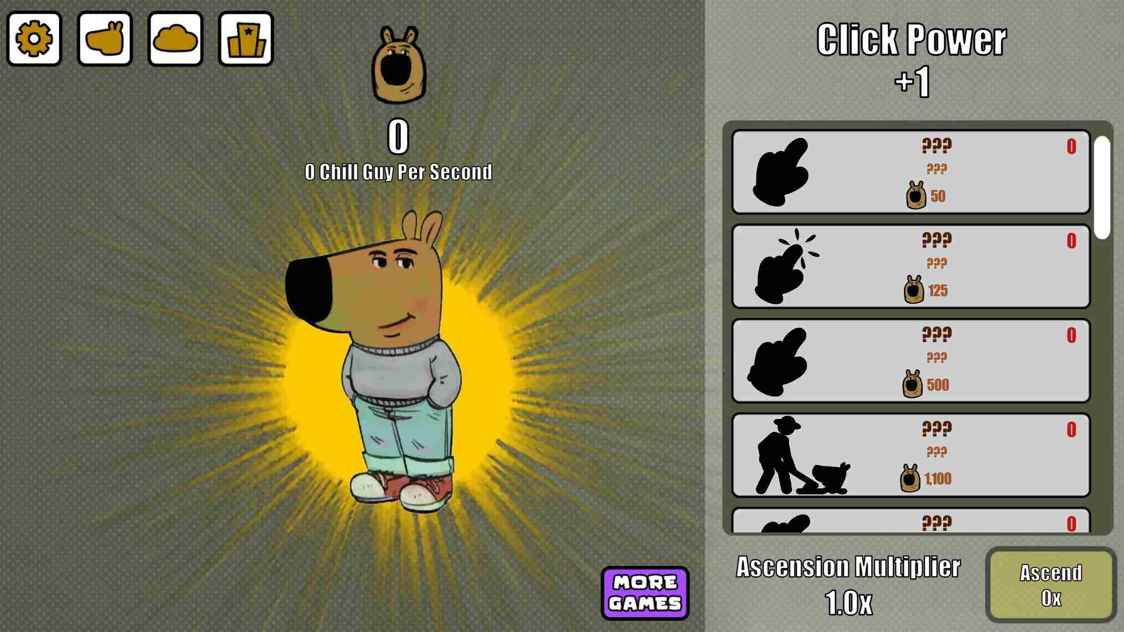Chill Guy Clicker idle game showing the meme dog character with upgrade options and weather effects