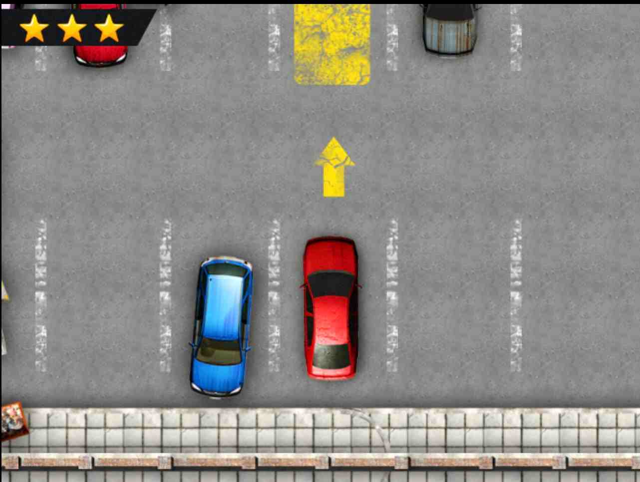 Parking Fury top-down precision driving game showing car navigating tight parking space challenge